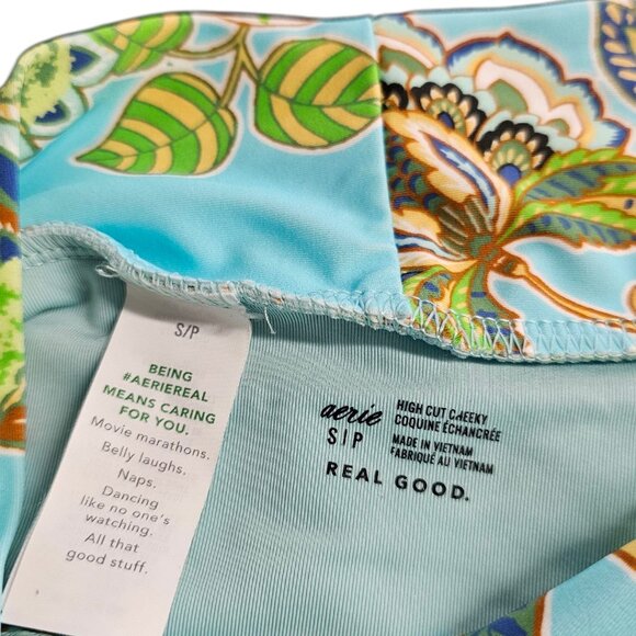 Aerie Crossover Waist High Cut Cheeky Bikini Bottoms, Tropical, Resort, Size S - Picture 3 of 5